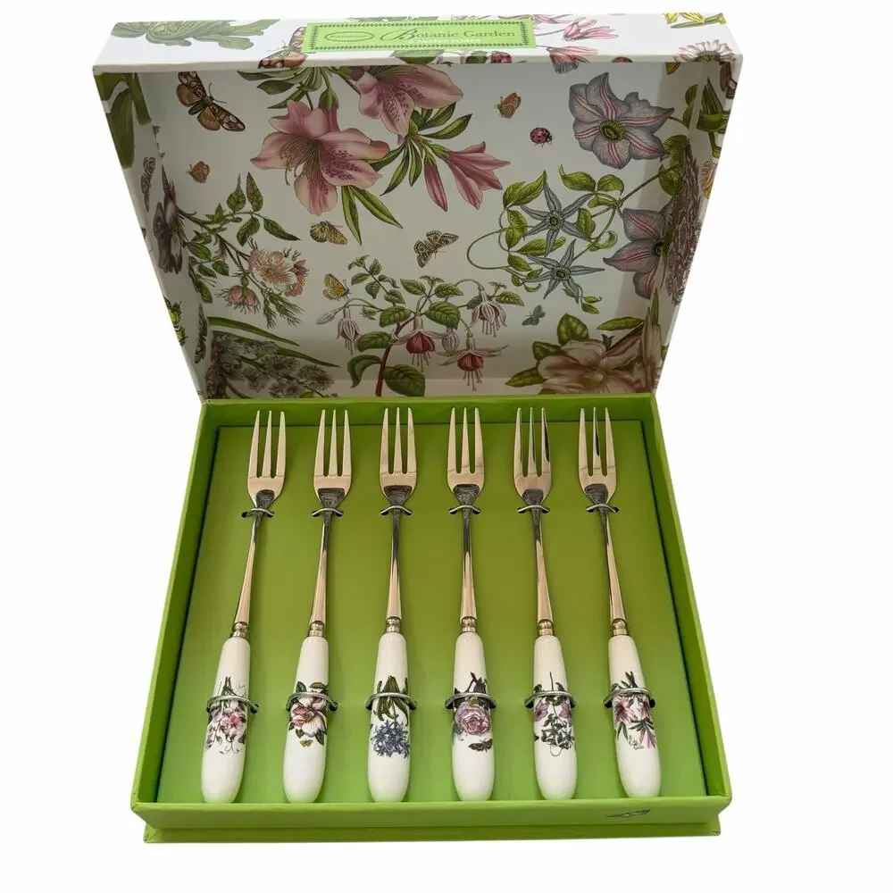 Portmeirion Botanic Garden Pastry Tea Fork Set of 6 Floral Boxed NIB